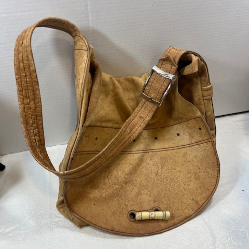 VTG Large Light Brown Leather Satchel Shoulder Messenger Adjustable Handbag